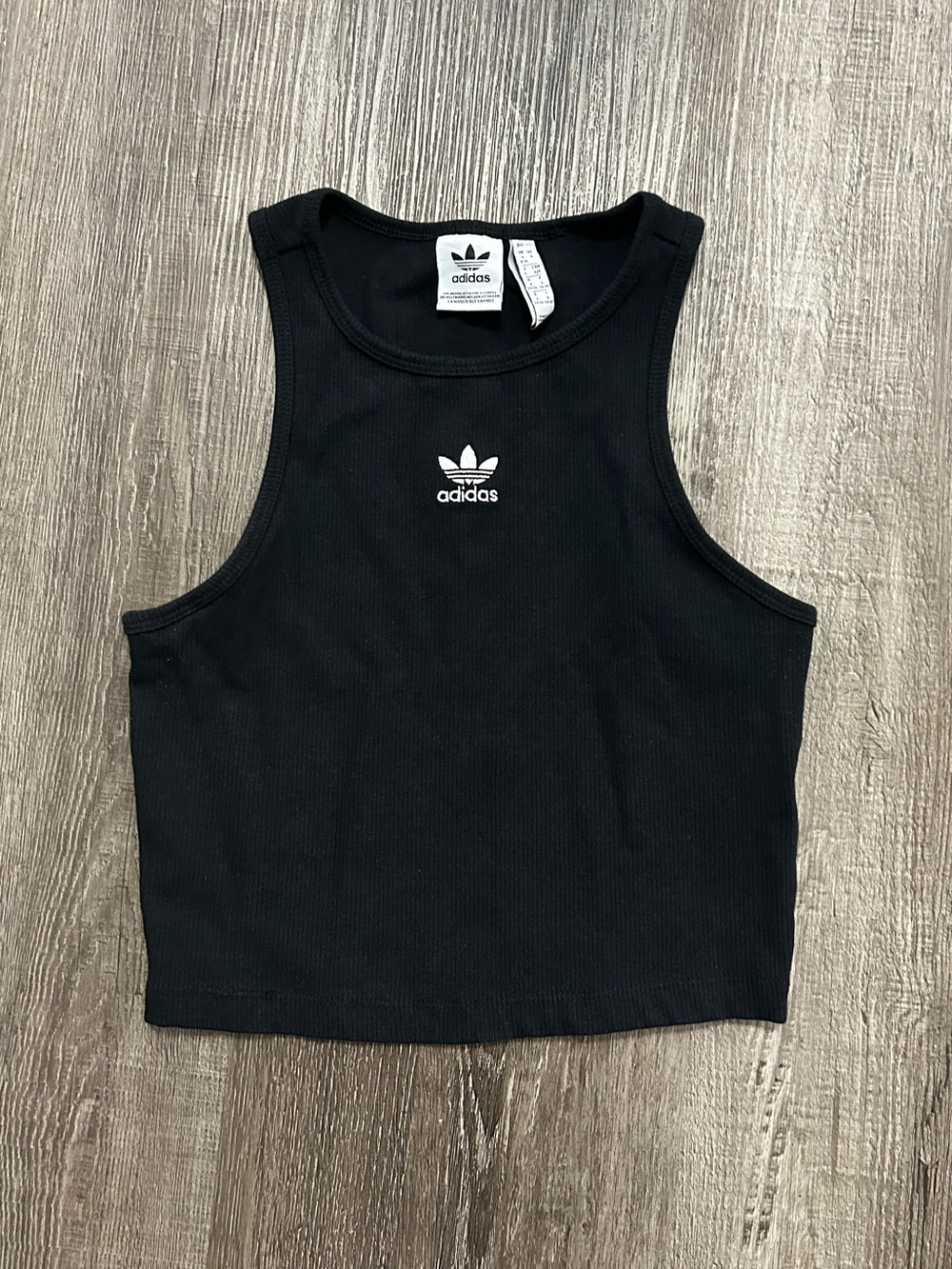 adidas Black Ribbed Cropped Tank with White Trefoil